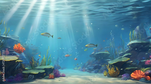 Underwater natural scenery with fish and coral reefs. Underwater background. Cartoon or anime illustration style.