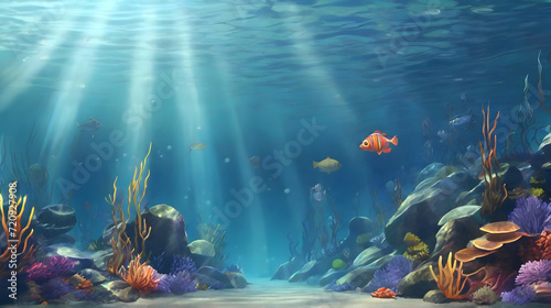 Fototapeta Naklejka Na Ścianę i Meble -  Underwater natural scenery with fish and coral reefs. Underwater background. Cartoon or anime illustration style.