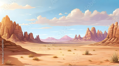 Desert natural landscape with sandstone hills and cactus plants. Cartoon or anime illustration style. photo