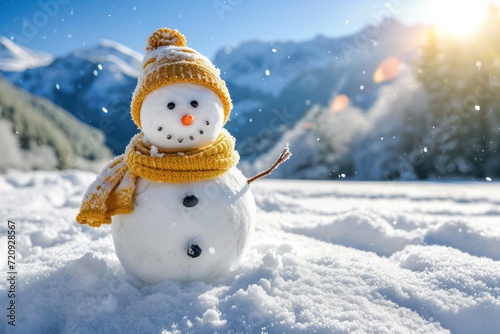 Happy snowman with hat in a snowy landscape © Muh