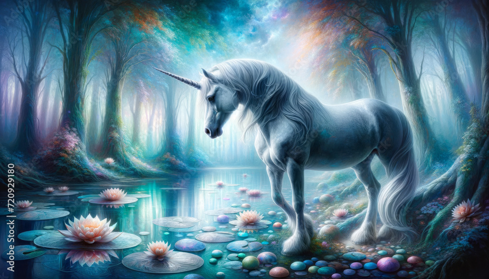 In a misty realm, a unicorn drinks from a tranquil lake, surrounded by lotus blooms, a scene of pure tranquility and mythical grace. - obrazy, fototapety, plakaty 