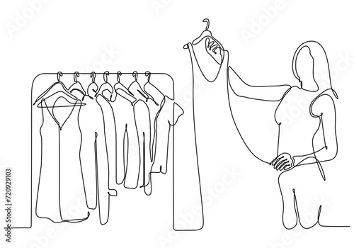 continuous line of woman choosing clothes in shop vector illustration