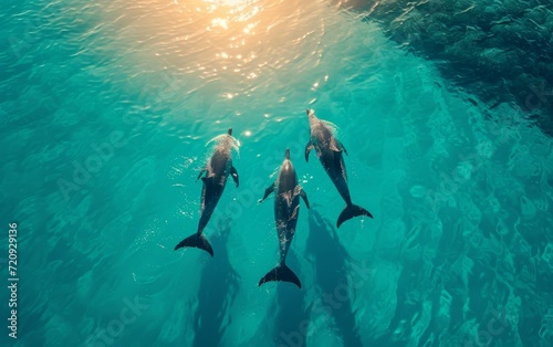 Beautiful bottlenose dolphins jumping out of sea with clear blue water on sunset sky.