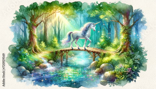 Enchanted Forest Crossing. Unicorn crossing a magical bridge in an ethereal forest.