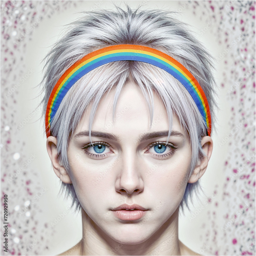Naklejka premium Nonbinary person wearing a rainbow headband. LGBTQ