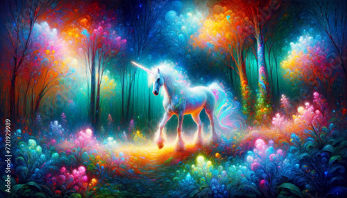 Unicorn's Enchanted Floral Path. A unicorn walking through an enchanted forest with a radiant floral path.