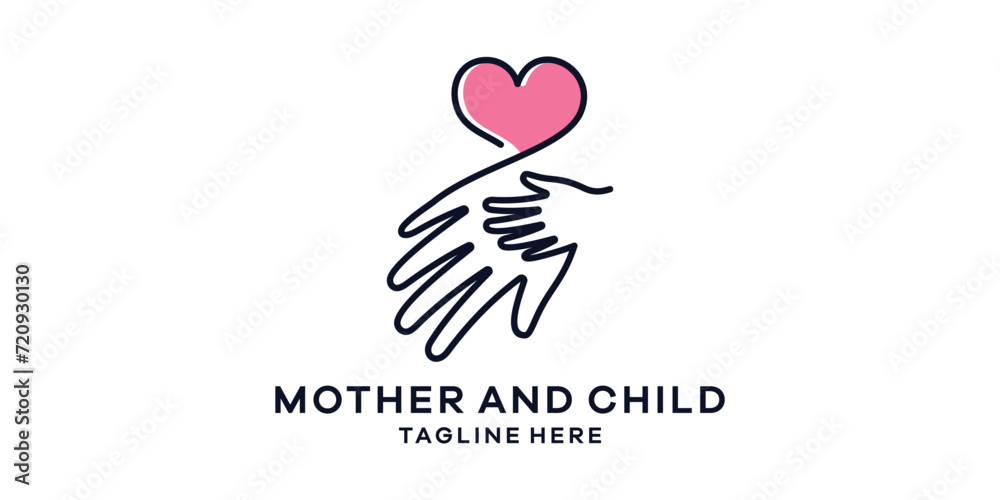 logo design combining the shape of a hand with love, logo design for the love of mother and child.