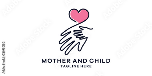 logo design combining the shape of a hand with love, logo design for the love of mother and child.