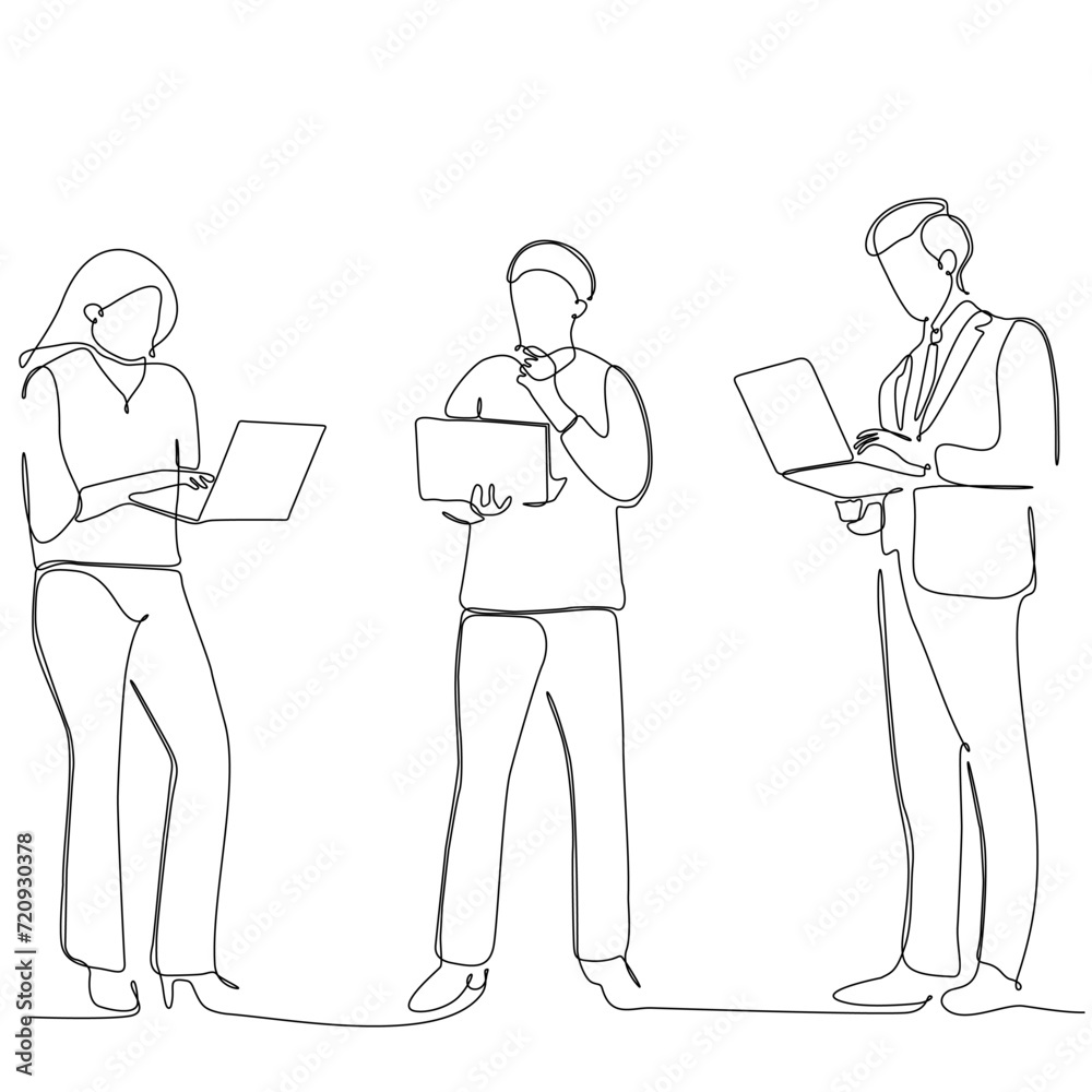 continuous line of groups of businesspeople exchanging paper and electronic notes