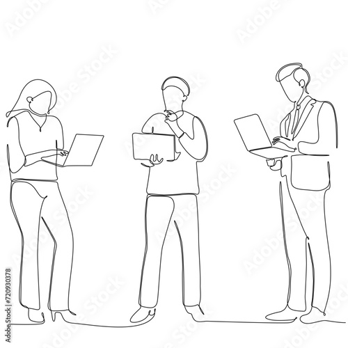continuous line of groups of businesspeople exchanging paper and electronic notes © amai line art