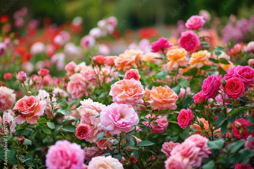 Beautiful display of roses in a large garden
