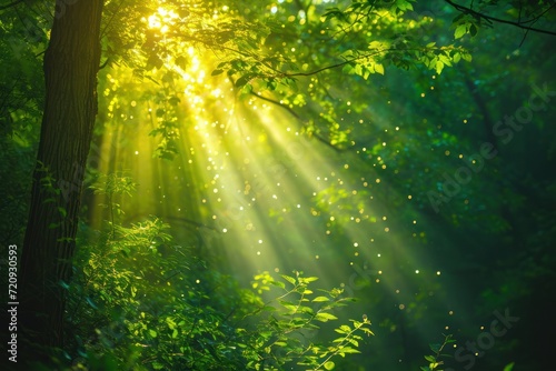 Beautiful rays of sunlight in a green forest