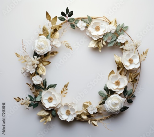 Wreath of white flowers with gold leaves on a white background. Generative AI © Alex