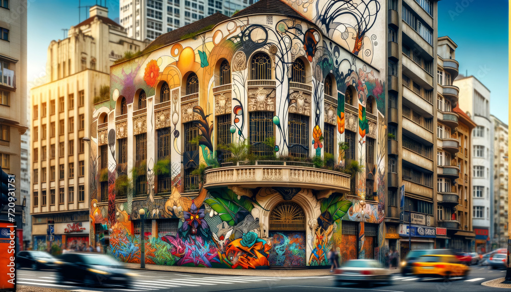 An artistic display of vibrant graffiti on the facade of a classical building amidst the hustle of city life. - obrazy, fototapety, plakaty 