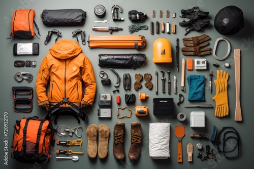 flat lay of camping gear, neutral colors, minimalist, flat lay photography, hyper realistic photography