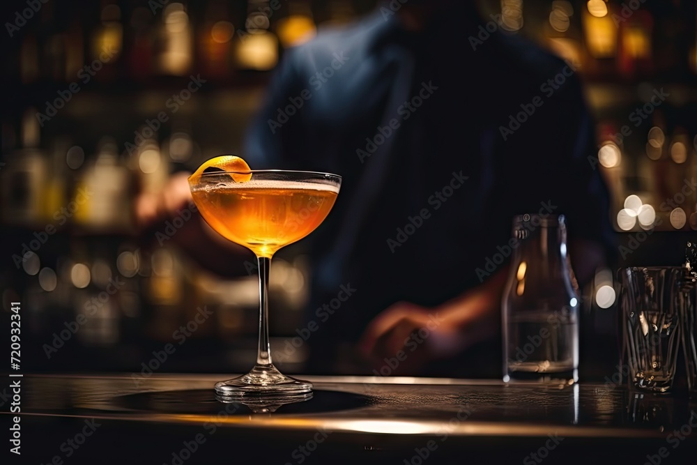 Elegant Cocktail on Bar Counter with Bartender in Background
