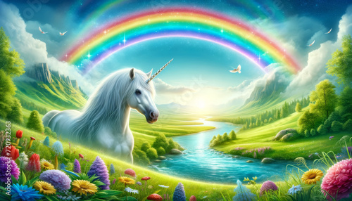 Enchanted Unicorn with Rainbow. An enchanted unicorn stands by a river, beneath a bright rainbow in a fantastical valley.