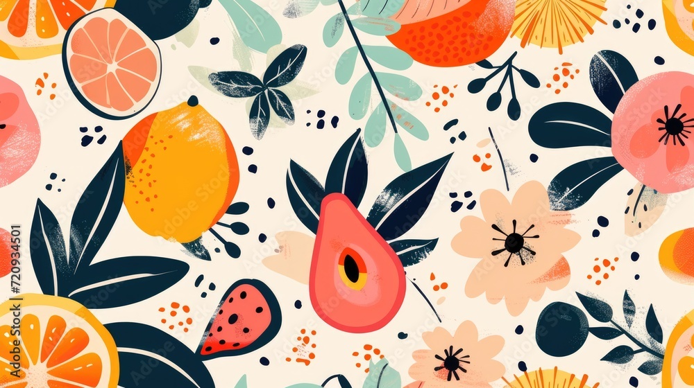 Hand drawn abstract cute fruits and flowers pattern. Collage playful contemporary print. Fashionable template for design Hand drawn abstract cute fruits and flowers pattern. Collage playful contemporary print. Fashionable template for design