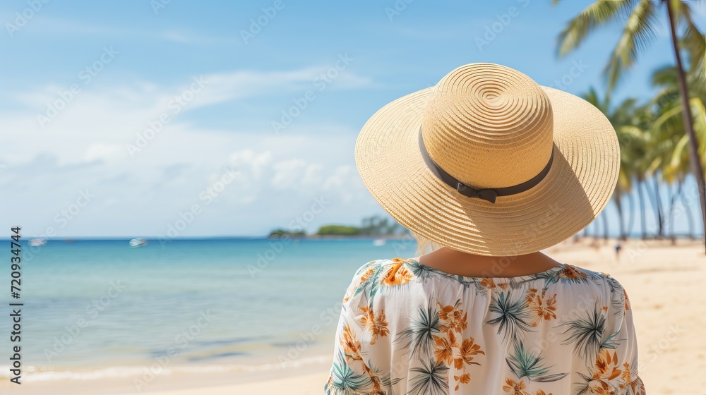 Cheerful woman enjoying beach vacation, relaxing by seaside with palm trees and sea view
