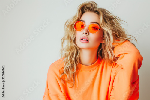 Fashionable confident blonde woman wearing trendy orange sweatshirt, color sunglasses, posing on white background. © Hunman