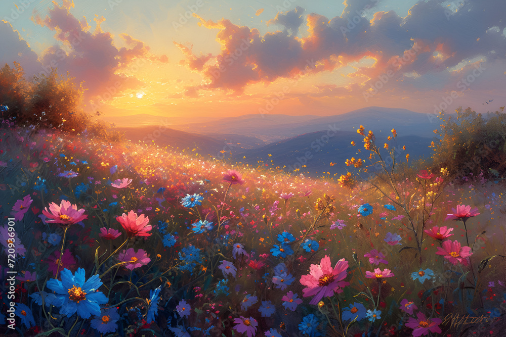 A mesmerizing sunset over a field of blooming wildflowers, filled with vibrant colors. Created with generative AI.