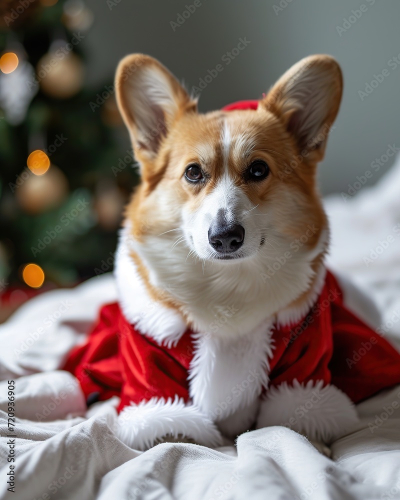 Cute corgi dog in Santa Claus costume on the background of the Christmas tree. Cute corgi dog in Santa Claus costume on the background of the Christmas tree.