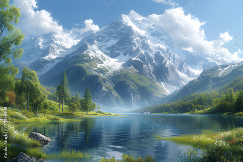 A breathtaking mountain range with snow-capped peaks, overlooking a serene lake. Created with generative AI.