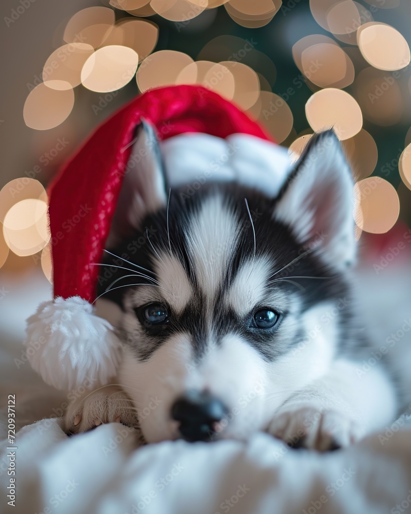 Cute siberian husky puppy wearing santa hat.