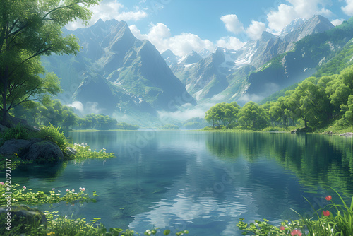 A tranquil glassy lake nestled among lush forests, surrounded by tall majestic mountains. Created with generative AI.