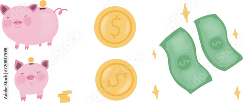 Vector hand drawn set of cute piggy bank and money, watercolor style of piggy bank and money, cute piggy bank, piggy bank vector art