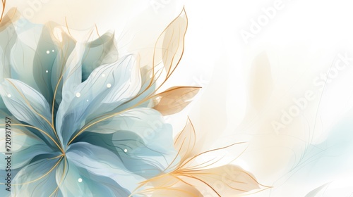 Elegant background with blue flowers and golden lines. illustration. Generative AI