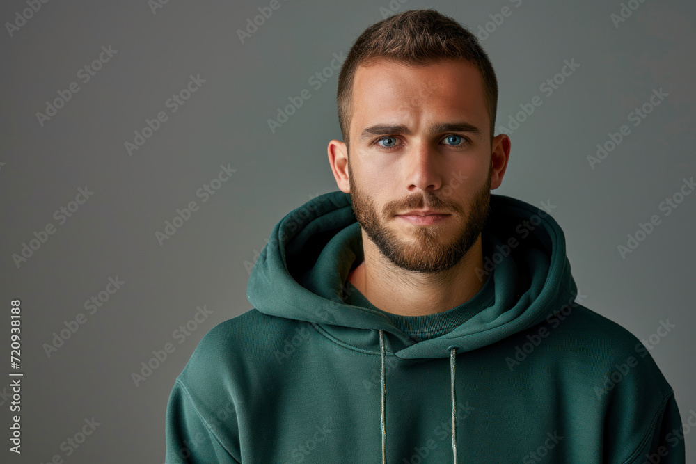 Handsome man in green hoodie isolated on gray background. Handsome man in green hoodie isolated on gray background.