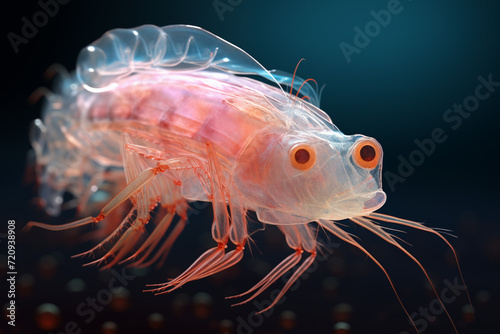 Translucent copepod swimming in the dark ocean © Lithographica