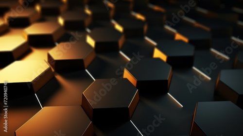 3d rendering of abstract metallic background with black and golden hexagons Generative AI