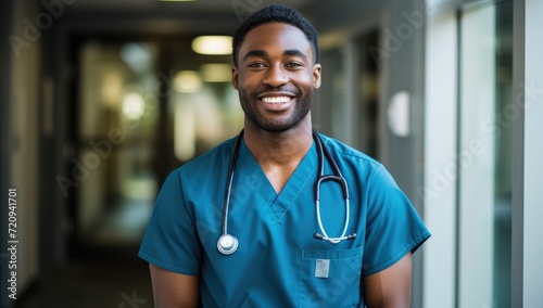 A male healthcare worker wearing scrubs and a stethoscope stands in a hallway of a hospital.