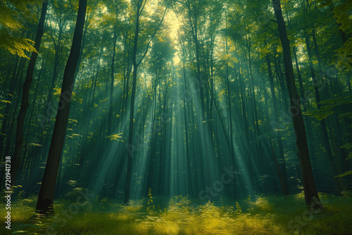 Des rais de lumières filtrent à travers la canopée, ambiance spirituelle et énigmatique dans une forêt photo