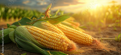 Agricultural bounty with fresh corn cobs,  embodying health food ideals with room for advertising copy. of agriculture and nutrition with copy space for advertisers. photo