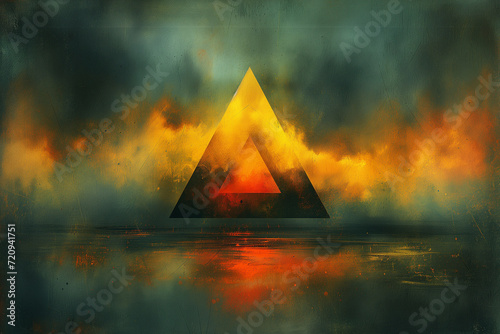 Paysage abstrait à base de triangles et de motifs ou couleurs rappelant le feu ou l'automne, deux pyramides au milieu des flammes photo