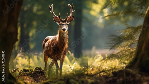 A remarkable sight of a deer standing confidently in the midst of a lush green forest.