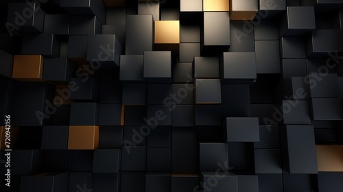 Abstract black and gold cubes background. 3d render illustration with depth of field Generative AI