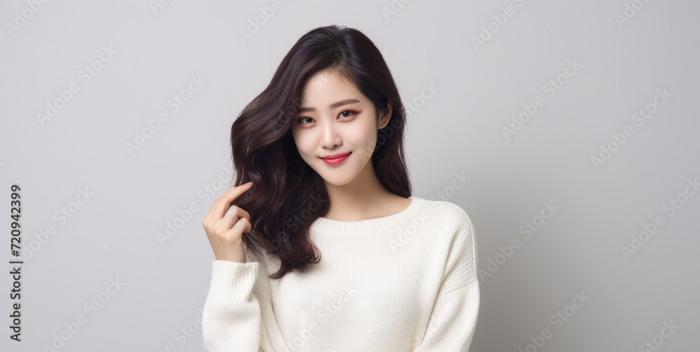 A woman wearing a white sweater strikes a pose for a photograph. A woman wearing a white sweater strikes a pose for a photograph.