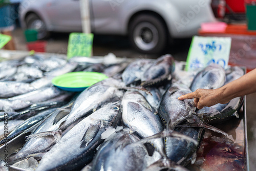 People hand choose and buy tuna seafood fish