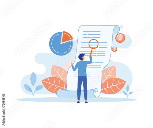 A man looks through a magnifying glass at a bill, check or invoice. flat vector modern illustration 