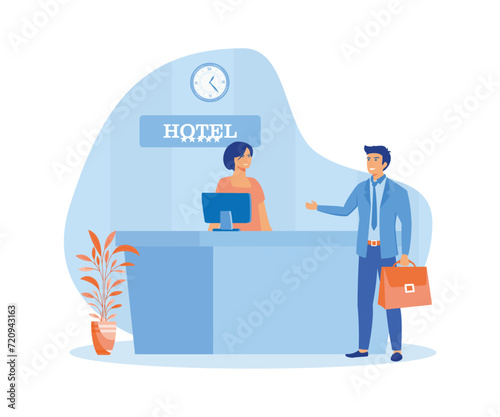 Male customer standing at reception desk and talking to female receptionist. Visitation scene. flat vector modern illustration 