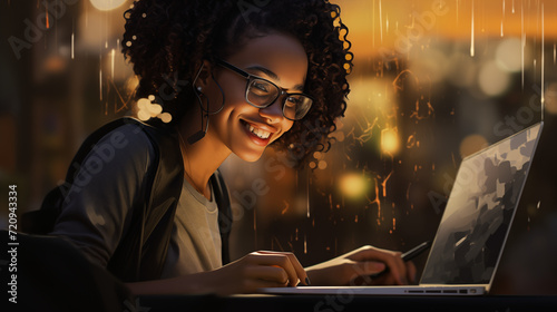 An engaging illustrative representation showcasing the joy and productivity of a smiling African American businesswoman as she works on her laptop in an office environment