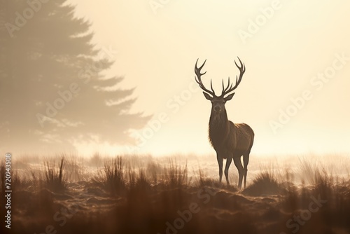 A majestic deer stands tall amidst the vast expanse of a field  surveying its surroundings.