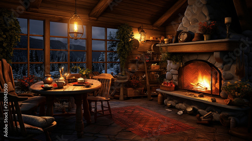 In the heart of Discureption s wilderness  a cozy cabin interior welcomes with its rustic charm and crackling fireplace  offering a refuge where warmth and comfort embrace the serenity of nature.
