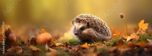 A small hedgehog rests amidst a scattering of fallen leaves in a picturesque field. © pham