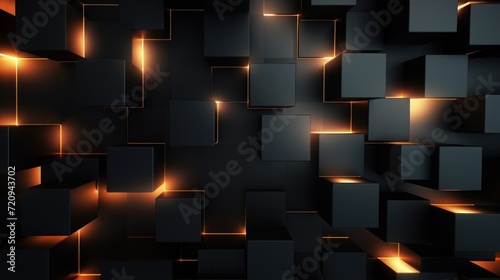 Abstract dark background with glowing cubes. 3d render. Square composition. Generative AI