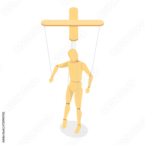 3D Isometric Flat Vector Set of Wooden Marionettes, Puppet on Ropes. Item 1